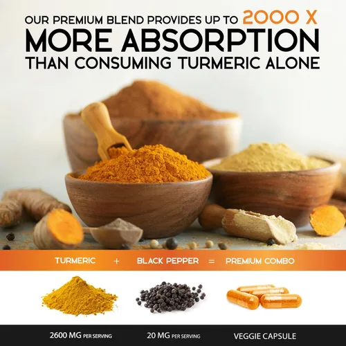 Miniatura 3 de Suplemento de curcumina de cúrcuma de 2600 mg – 95% curcuminoides con cúrcuma orgánica y pimienta negra BioPerine para una mejor absorción, apoyo