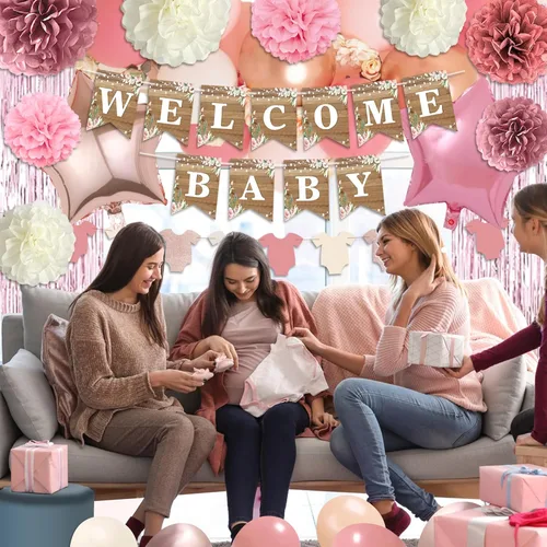 Miniatura 6 de Decoración de baby shower rosa polvoriento, juego de decoración de baby shower para niña con pancarta de bienvenida para bebé, pompones de papel