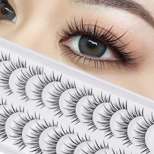Pestañas de manga de aspecto natural, pestañas de anime japonés coreano, pestañas puntiagudas con banda transparente, pestañas postizas cortas,