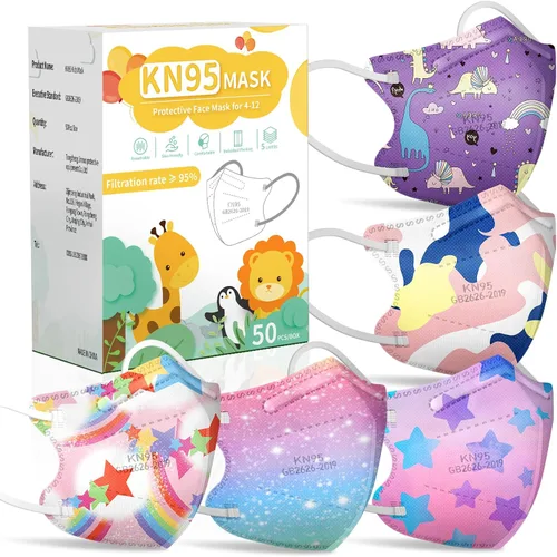 FENFEN Mascarilla KN95 desechable para niños, paquete de 50 mascarillas KN 95 para niños, tamaño pequeño, transpirable, para niñas y niños KN95,