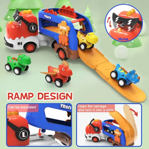 Miniatura 5 de Juguetes de Dinosaurio para Niños 2 3 4 5 6, 5 en 1 Camión de Dinosaurio con 4 Coches de Dino, Luz y Sonido, Juguetes para Niños de 2 a 7 Años