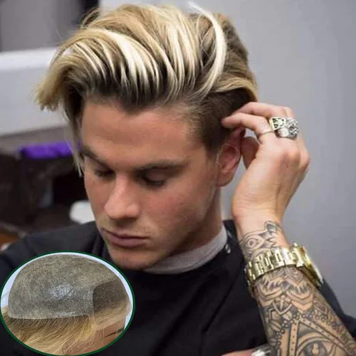 Miniatura 12 de Voloria Toupee para hombres 100% cabello humano europeo suizo frente encaje frontal natural piezas de cabello 0.003 in piel fina PU V-looped sistema