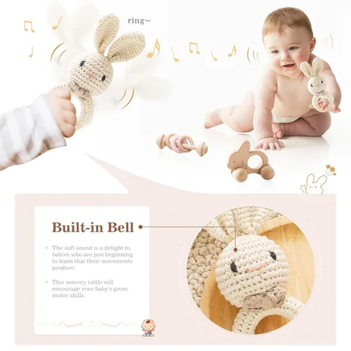 Miniatura 3 de let's make Sonajero de madera para bebé, 3 piezas, juego de sonajero de ganchillo, juguete Montessori de madera para recién nacidos, regalos de bebé
