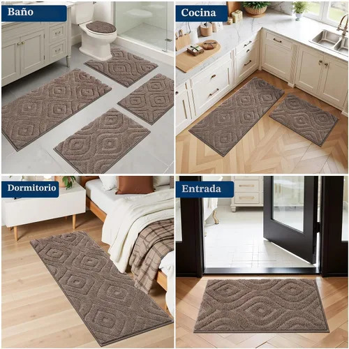 Miniatura 8 de Juego de alfombras de baño Ileading de 5 piezas, tapete de baño ultra suave y absorbente para baño, juego de alfombras de baño antideslizante y Café