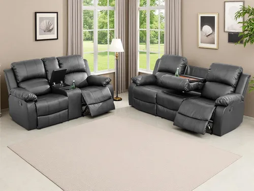Miniatura 42 de Sofá reclinable manual moderno, sofá reclinable de cuero de 3 plazas, sofá reclinable de sala de estar, sofá con portavasos y mesa abatible
