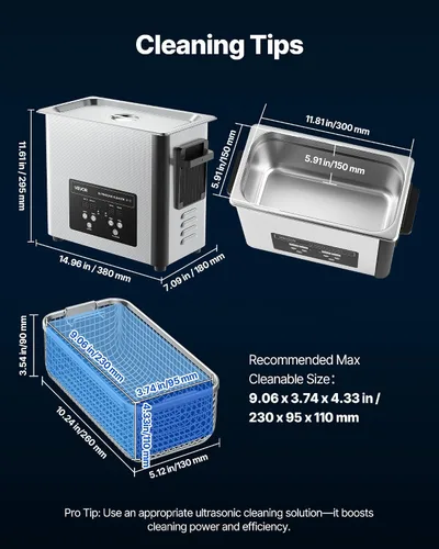 Miniatura 7 de VEVOR Limpiador ultrasónico de 6L, máquina profesional de limpieza ultrasónica con cesta de limpieza y pantalla digital, máquina de limpieza