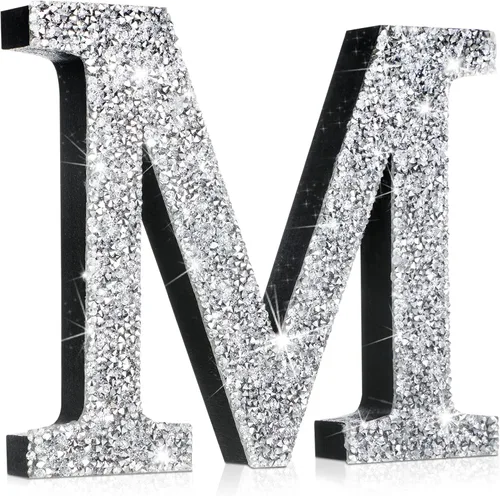 Miniatura 15 de Qunclay Letras brillantes de cristal plateado de 5.7 pulgadas, decoración de diamantes triturados, letra de madera con purpurina con tornillo