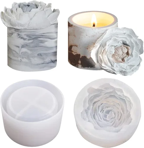 Moldes de yeso para hormigón – Moldes de silicona para velas de concreto con diseño de flor de peonía grande, incluye tapas y recipientes para hacer