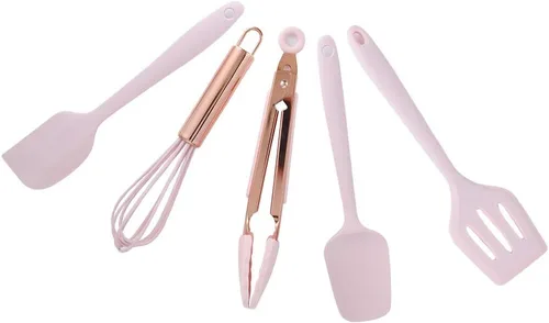 Utensilios de cocina de silicona, 5 piezas, juego de utensilios de cocina, espátula, utensilios de cocina para niños, raspador de silicona, rosa,
