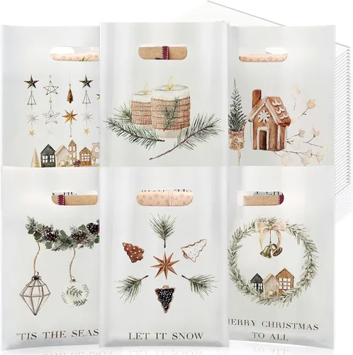 Miniatura 8 de Sinmoe 200 piezas bolsas de plástico de Navidad a granel, bolsa de regalo de mercancía de Navidad con asa de 9" x 12", reutilizable, bolsa