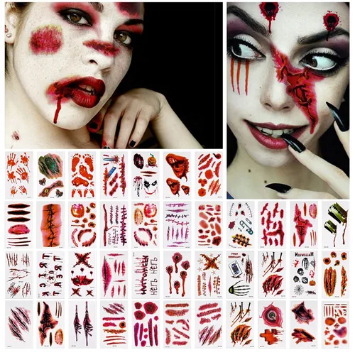 NiHome 40 hojas de Halloween terror extraíble realista falso tatuaje temporal, traje de zombi Cosplay herida de sangre sangrado cicatriz variedad