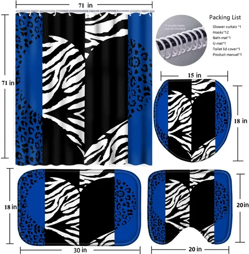 Miniatura 6 de Poedist - Juego de cortinas de ducha para baño, 4 piezas, diseño de leopardo azul brillante, incluye cortinas de ducha y tapetes para baño