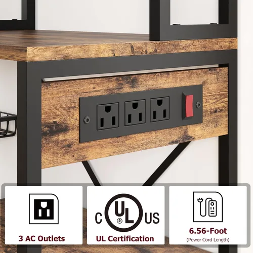 Miniatura 6 de IDEALHOUSE Estante para panaderos con toma de corriente, soporte para microondas con 2 cajones de alambre, estación de barra de café industrial