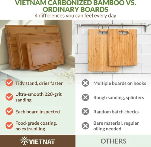 Miniatura 5 de Vietnam - Juego de 3 tablas de cortar de bambú carbonizado con soporte, tablas reversibles no tóxicas con ranura para jugos, acabado liso y pies