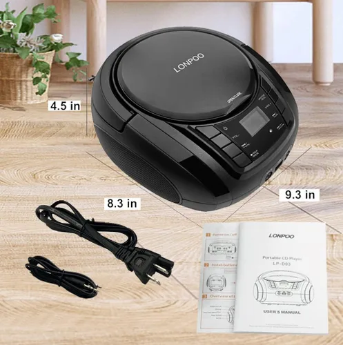 Miniatura 6 de LONPOO Reproductor de CD portátil Boombox con radio FM/USB/Bluetooth/entrada AUX y salida de jack de auriculares, altavoz de sonido estéreo