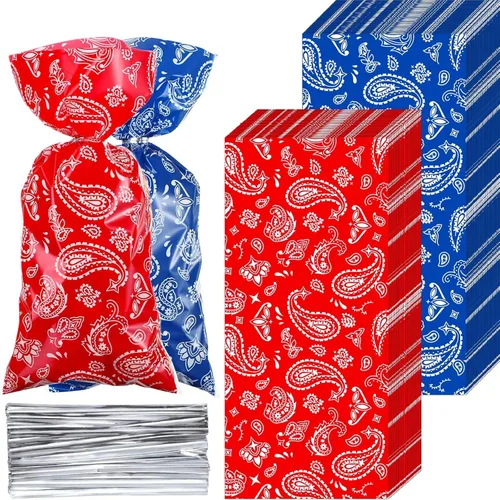 Sumind 100 bolsas de plástico con temática de vaquero occidental, bandana de celofán, bolsas de regalo, paquete rojo y azul, con 100 lazos