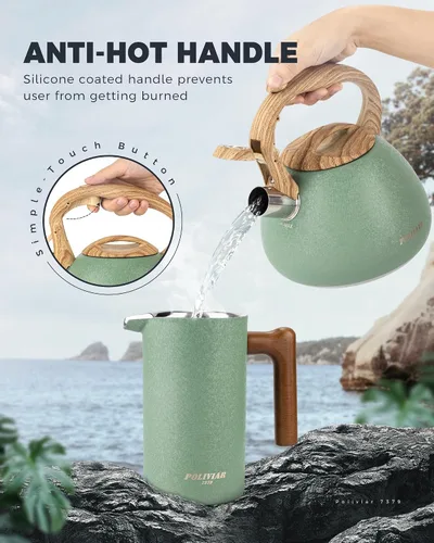 Miniatura 3 de POLIVIAR - Hervidor de té para estufa de 2.7 cuartos de galón, tetera silbante con acabado crujiente, acero inoxidable de grado alimenticio