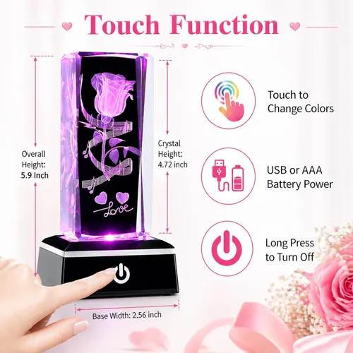 Miniatura 7 de Regalos románticos para él y ella, regalo del día de la madre para esposa, luz nocturna de cristal de amor 3D con base LED multicolor, regalo