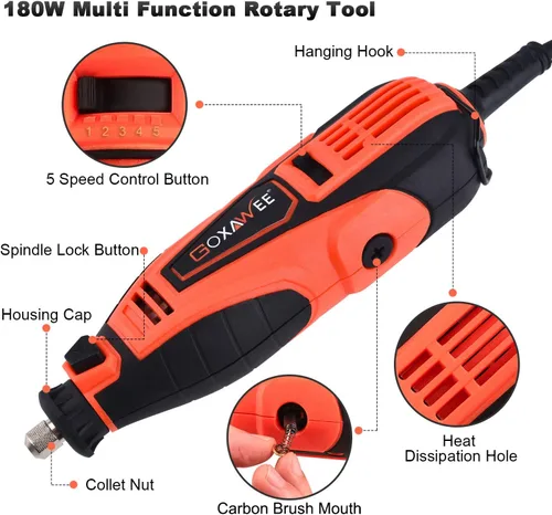 Miniatura 7 de Kit de herramienta giratoria GOXAWEE con 180 accesorios para herramienta giratoria y eje flexible y pinza universal, 5 velocidades variables, Naranja
