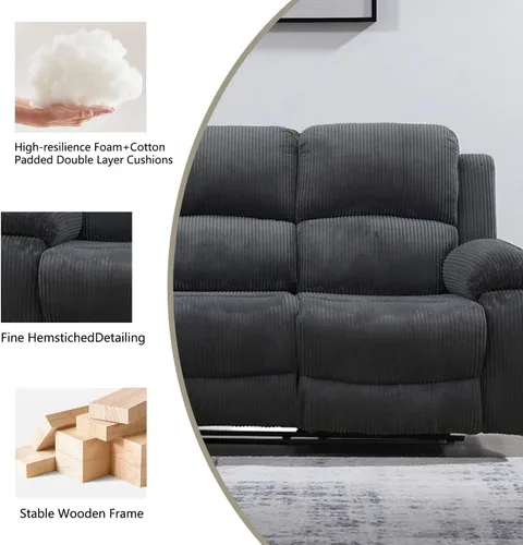 Miniatura 6 de Juego de sofá reclinable manual, juego de sofá reclinable de pana, juego moderno de muebles para sala de estar, sofá reclinable con silla para sala