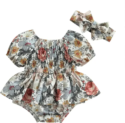 Miniatura 56 de Mameluco para bebés y niñas de 3, 6, 9, 12, 18 meses, enterizo de manga corta, fruncido, faldas y dobladillo, diadema