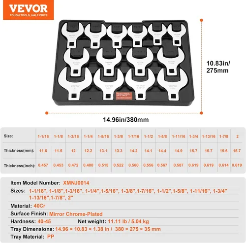 Miniatura 7 de VEVOR Juego de llaves de racores, 1/2" de transmisión 14 piezas SAE (1-1/16" - 2") Juego de llaves de racores con bandeja de almacenamiento