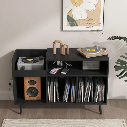 Miniatura 4 de Soporte para tocadiscos, armario de almacenamiento de discos de vinilo con toma de corriente, capacidad para hasta 350 álbumes, mesa de soporte