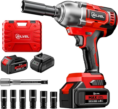 SILVEL Llave de impacto inalámbrica, pistola de impacto sin escobillas MAX 650N.M de 1/2 pulgada, batería de 4.0Ah, 6 enchufes, destornillador de