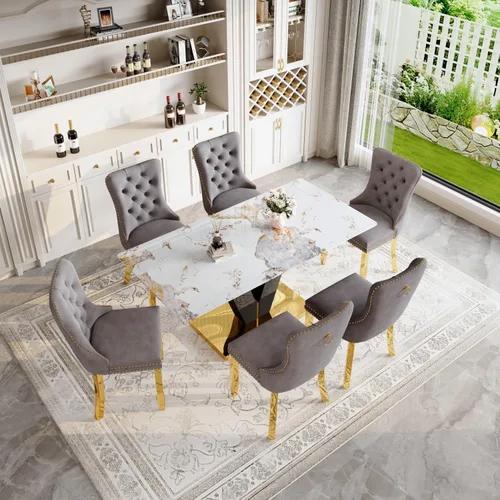 Miniatura 12 de Juego de mesa de comedor de 71 pulgadas para 6, moderno juego de mesa de comedor para 6, mesa de comedor de mármol con 6 sillas de comedor de piel