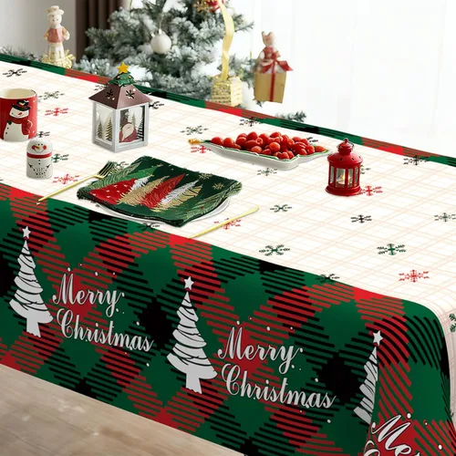 Miniatura 4 de Mantel de Navidad, 2 piezas de mantel de Navidad desechable para mesa rectangular, 54" x 108" de plástico con diseño de copo de nieve, árbol