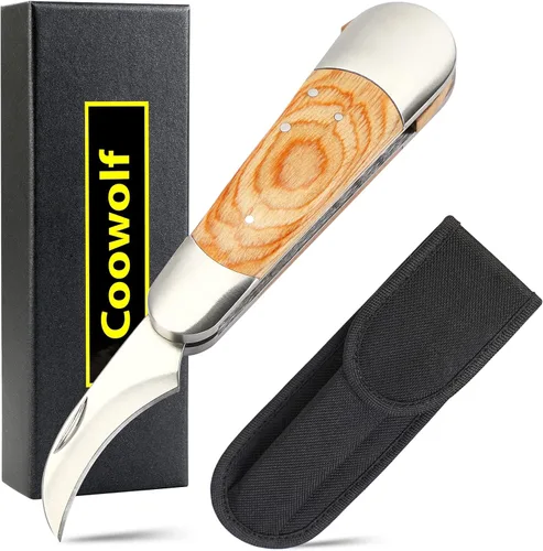 Coowolf Cuchillo para setas con cepillo y funda, hoja curva de acero inoxidable, mango de madera dura, diseño plegable de 18 cm, para morillas,