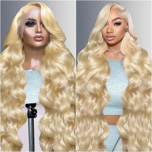 Miniatura 21 de Peluca de encaje frontal 613, cabello humano, 30 pulgadas, onda corporal, peluca frontal de encaje HD, rubia, predepilada, sin pegamento, densidad