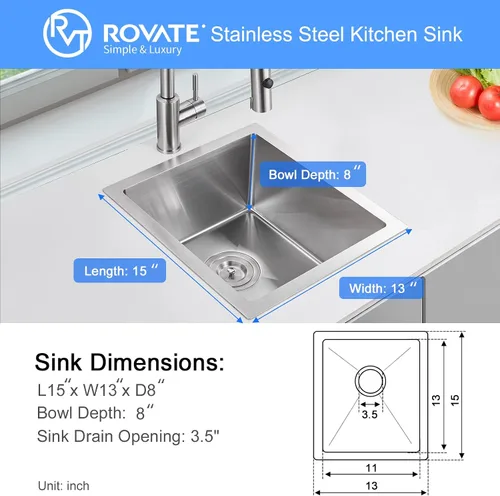 Miniatura 4 de ROVATE - Fregadero de barra o fregadero de cocina de 13 x 15 pulgadas, hecho a mano, de acero inoxidable T-304 de un solo tazón