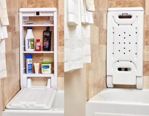Banco y gabinete de bañera Silla de ducha antideslizante y almacenamiento de baño, blanco | Elegible para FSA HSA