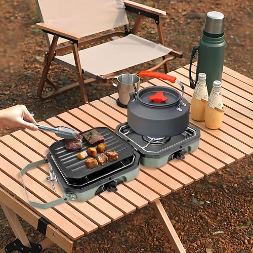 Miniatura 5 de Estufa de campamento de propano de 2 quemadores con parrilla, estufa portátil de propano de 16000 BTU con 2 quemadores ajustables e encendido
