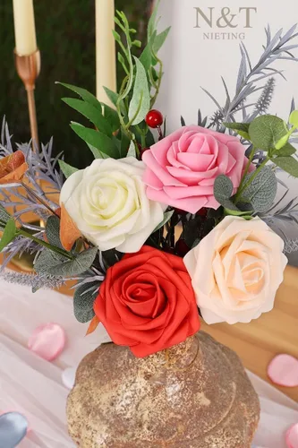 Miniatura 80 de N&T NIETING Flores artificiales, rosas artificiales de color rosa intenso, 50 piezas de flores falsas con tallo para ramos de boda DIY, centros