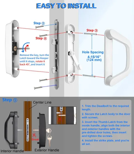 Miniatura 5 de ALLYWASAI Juego de manijas de puerta corrediza de patio con cerradura de mortaja, adecuado para puertas corredizas de patio de vidrio con grosor
