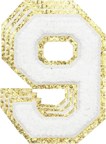 Miniatura 54 de 3 parches de números de chenilla negra, tamaño grande de 4-1/2" parches de números para planchar, parches universitarios para ropa, 8" Borde oro rosa