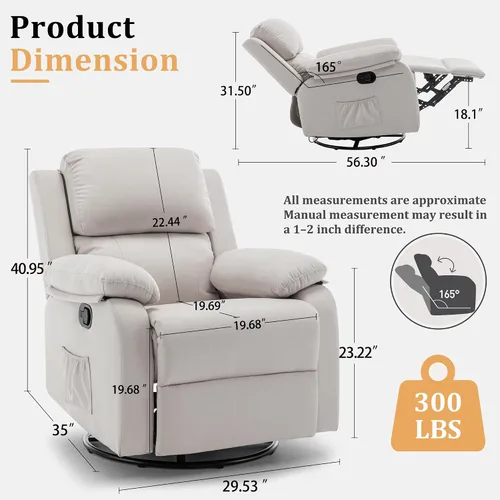 Miniatura 2 de Korser Silla reclinable, silla mecedora giratoria 360 grados para adultos, mecedora pequeña para espacios pequeños, tapizada de tela, reclinable