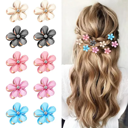 10 pinzas para el cabello de flores para niñas, pinzas pequeñas para el cabello, mini pinzas de flores con cristal, bonitos clips de garra de metal