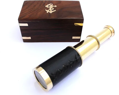 Telescopio náutico de latón pirata de mano de 6 pulgadas con ancla en caja de madera, decoración del hogar de marinero, decoración rústica vintage