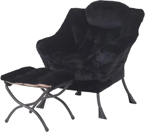 Welnow - Silla perezosa con otomana, moderna silla de descanso con reposabrazos y bolsillo lateral, sillón de sofá tapizado de ocio, sillón de Negro