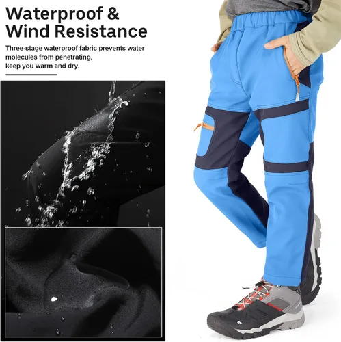 Miniatura 62 de linlon Pantalones impermeables para la nieve para niños y niños, forro polar lind para senderismo, softshell, cálidos, con aislamiento térmico