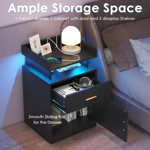Miniatura 6 de Mesita de noche con estación de carga y luces LED, mesita de noche con cajón, mesita de noche con almacenamiento de gabinete, mesita de noche