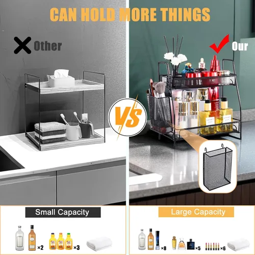 Miniatura 8 de Organizador de baño con canasta, bandeja de baño de 2 niveles para estante de almacenamiento de encimera, organizador de encimera de baño, Negro