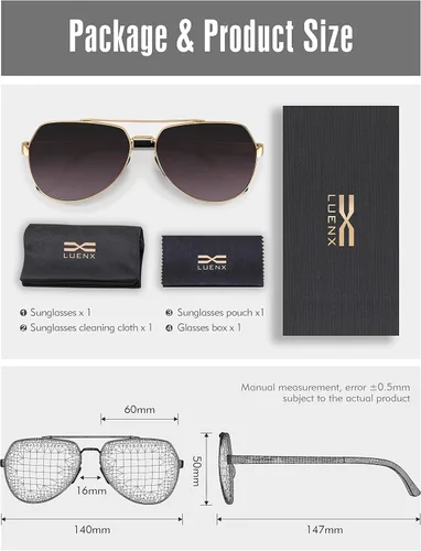 Miniatura 8 de Lentes para aviador Luenx polarizados, para hombres y mujeres, con armazón de metal grande, protección UV 400