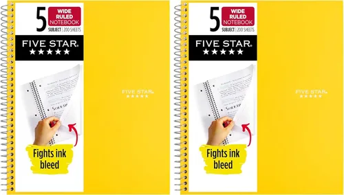 Five Star Cuaderno de espiral, 5 materias, papel a rayas anchas, combate el sangrado de tinta, cubierta resistente al agua, 8 x 10-1/2 pulgadas, 200