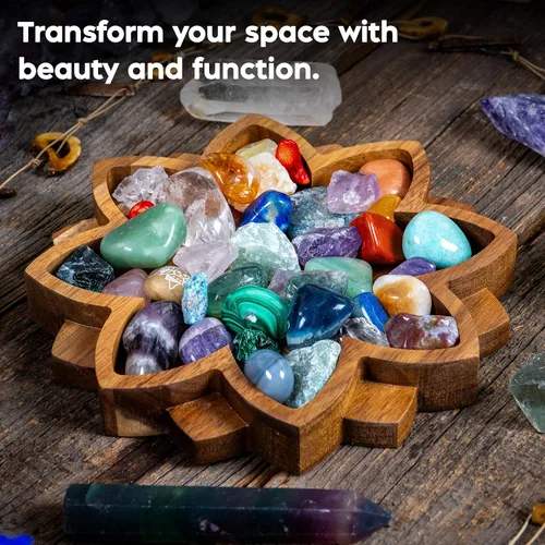 Miniatura 4 de Bandeja de exhibición de cristal Lotus – Muestra tus gemas, piedras curativas y tesoros – Cuenco de madera para rocas de 8 x 8 pulgadas, soporte
