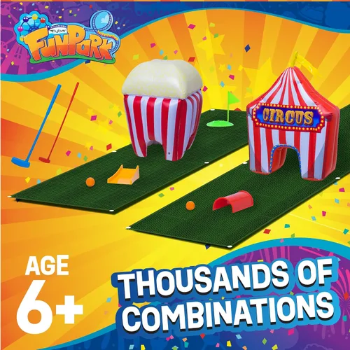 Miniatura 7 de FunPark - Juego de minigolf inflable – Campo de 13 piezas con palos ajustables, pelotas, copas de putting, tapetes verdes y obstáculos temáticos