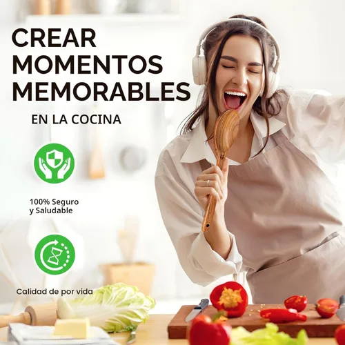 Miniatura 7 de Cucharas de madera para cocinar, 6 piezas, juego natural de utensilios de cocina de madera de teca, juego de utensilios de cocina con mango largo